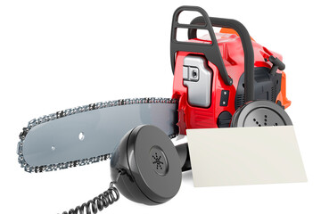 Fototapeta premium Chain saw with blank business card and retro phone receiver. 3D rendering