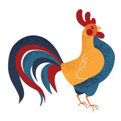 Hand drawn cute colorful rooster with texture in flat style, isolated vector illustration