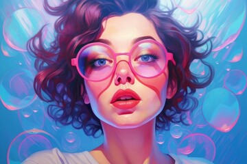 portrait of a beautiful young woman with short brown hair and pink sunglasses under the water with blue background. amazing cartoonish artstyle with vibrant colors. Generative AI
