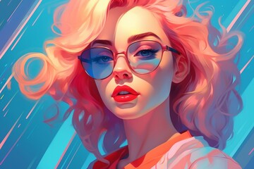 Obraz premium portrait of a beautiful young woman with long blonde hair and pink sunglasses with blue background. amazing cartoonish artstyle with vibrant colors. Generative AI