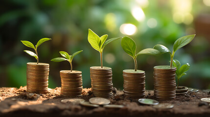 Stack of golden coins on the ground and the seedlings are growing on top. Blurred green natural background.Created with Generative AI technology.
