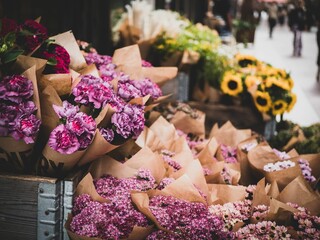 Closeup of beautiful flower bouquets for sale captured outdoors