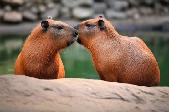 cute capybara couple snuggle up to each other with their noses on a blurry background. Wild animals. Environment. Family. 14th February. Saint Valentine's day. Protect animals Generative AI