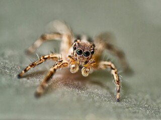 Closeup shot of a brown Jumping spider with four eyes in the grey background.