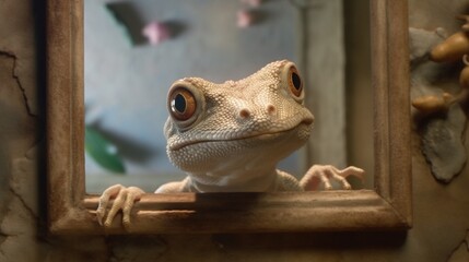 A large gecko clings to a cement wall and lives behind a picture frame generative ai