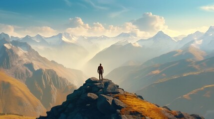A man stands on top of a mountain and looks at a breathtaking panoramic view of the mountains. The concept of goals and achievements generative ai