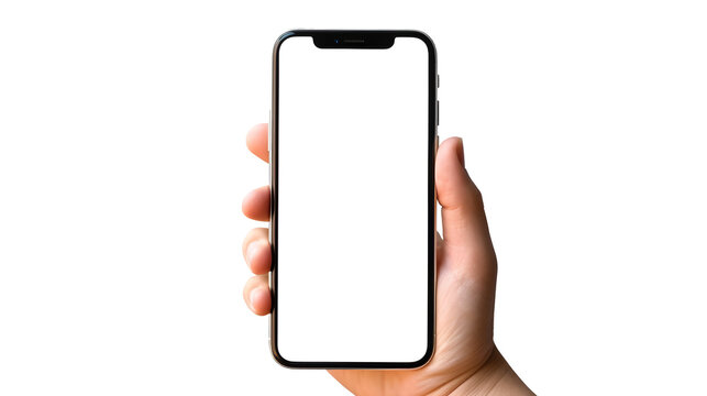right hand with smartphone transparent screen on transparent background, horizontal image of hand with phone with blank space  screen and background, isolated on transparent background, generative ai