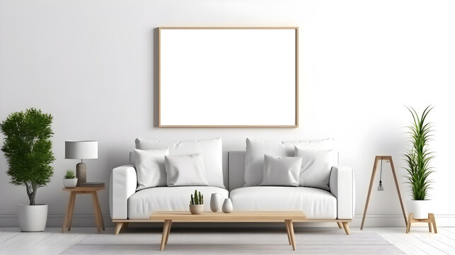 transparent blank canvas painting on the wall in a minimalist light interior, generative ai