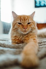 Vertical shot of a cute ginger cat in the room on a blurred background