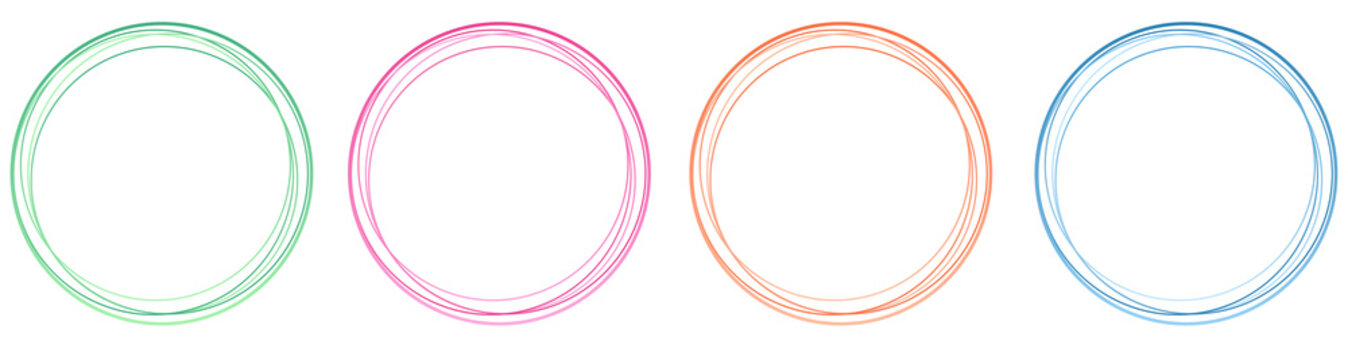 Set of hand drawn colourful scribble circle frames. Sketchy, scribble circles in transparent background. Abstract circular shapes for marking, highlighting, message note mark elements.