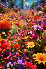 Fototapeta na wymiar Step into a vibrant oasis where a riot of colors explodes from an enchanting garden, adorned with blooming flowers in every hue. Generative AI 