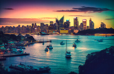 a view of the sydney harbor and city skyline at sunset