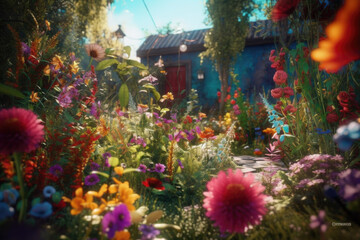 Obraz na płótnie Canvas A vibrant garden bursting with a riot of colors from various blooming flowers. Generative AI 