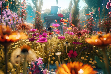 Obraz na płótnie Canvas A vibrant garden bursting with a riot of colors from various blooming flowers. Generative AI 