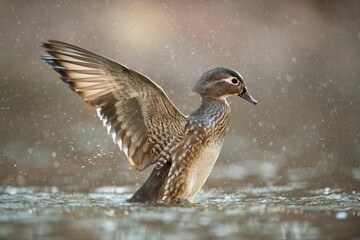 Close-up shot of a cute little duck splashing water with its wings in the lake