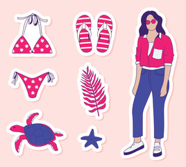 Colorful hand drawn summer stickers collection