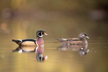 Closeup shot of Wood Ducks swimming in the water