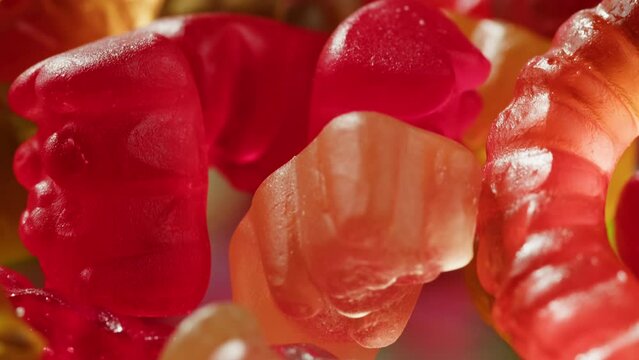 Jelly marmalade cola bottle bear close up, Confiture Bean candy jujube Marmalade bears with cod cannabis close up. 