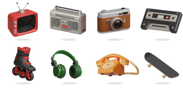 vintage appliances 3D vector icon set.
television,radio,camera,music cassette,roller skate,headphone,classic telephone,skateboard