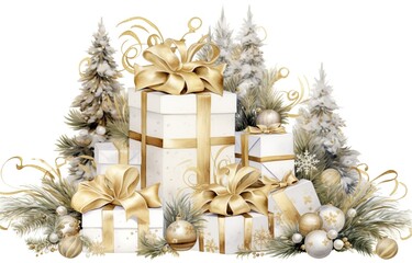 Fototapeta na wymiar Watercolor Merry Christmas and Happy New Year background with white gift boxes and christmas tree