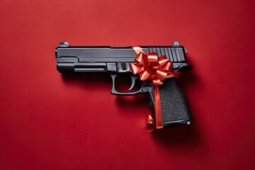 gun isolated on the red background with a gift bow.