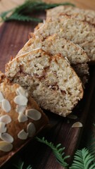 Closeup shot of the sweet egg-free bread made with cinnamon and topped with almond flakes