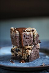 Closeup shot of the raw vegan chocolate cake made with peanut butter
