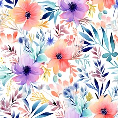 Fototapeta na wymiar Simple floral, watercolor. Seamless repeat pattern. Romantic garden flowers illustration. Generative AI