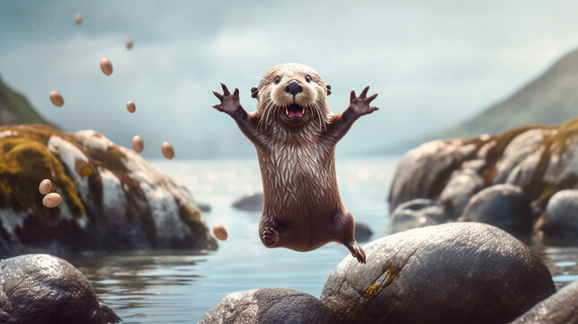 A hilarious photo of an otter floating on its back, wearing a mischievous grin, and juggling rocks in the air Generative AI