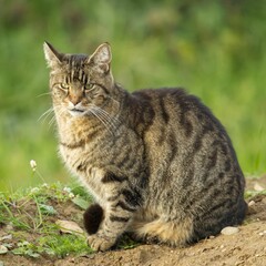 Naklejka na ściany i meble Tabby cat sitting on the soil with some vegetation