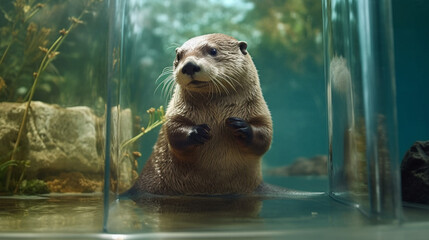 A silly snapshot of an otter with its belly pressed against a glass wall, seemingly fascinated by its own reflection Generative AI