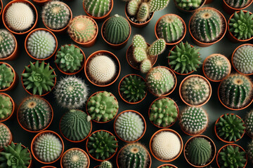 Cactus on pots wallpaper background, flat lay. Generative AI.