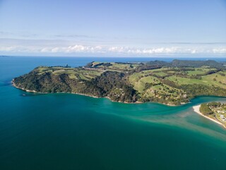 Aerial view of the sea and Cooks Beach, Coromandel Peninsula in New Zealand's North Island