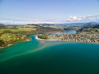 Aerial view of the sea and Cooks Beach, Coromandel Peninsula in New Zealand's North Island