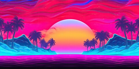 Fototapeta na wymiar Retro futuristic synthwave retrowave landscape, sunset on background illustration. Generative AI