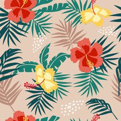 Tropical flower pattern seamless, silhouette of blooming, hand drawn botanical, Floral leaf for spring and Summer time, natural ornaments for textile, fabric, wallpaper, background design.