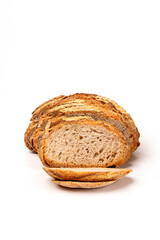 Sliced bread with a crispy brown crust on white background.