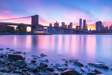 Scenic shot of the city of New York during the evening with a beautiful pink and blue sky