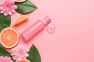 Beautiful composition with cosmetics fruits flowers on pink background, flat lay. Generative AI.