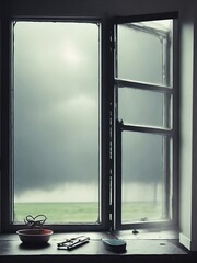 view of a window from inside with rain in the background