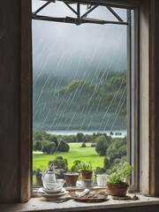 view of a window from inside with rain in the background
