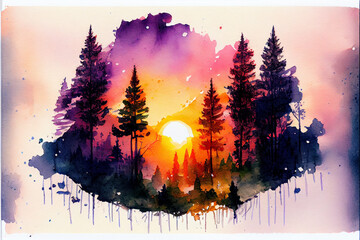 Sunset in the forest, watercolor illustration isolated on white background.