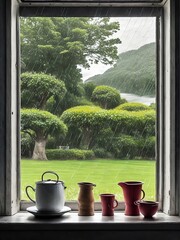 view of a window from inside with rain in the background