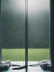 view of a window from inside with rain in the background