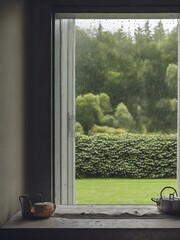 view of a window from inside with rain in the background