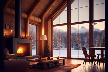 The interior of a wooden house - a chalet with burning wood in a fireplace, a sofa and other furniture with a view of the snow-covered yard and the winter forest. Large windows.