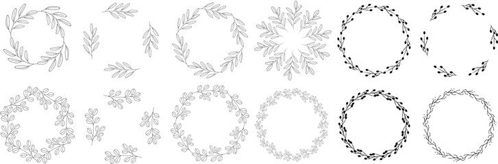 Luxury botanical gold wedding frame elements on white background. Set of circle shapes, glitters, eucalyptus leaves, leaf branches. Elegant foliage design for wedding, card, invitation, greeting