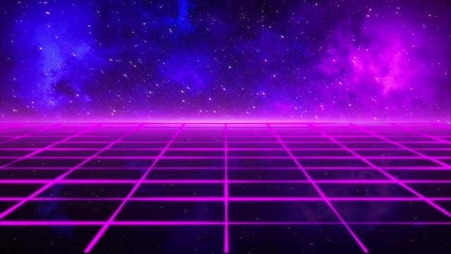 Retro grid cosmic background animation. 80's style neon animated grid with bright Universe background. Traveling through the space full of sparkling stars. Milky Way, Nebula, Cosmos, AI. 4k. 