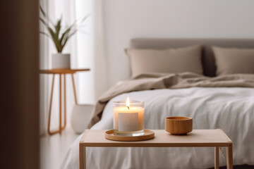 A scented candle in a modern bedroom. AI generative