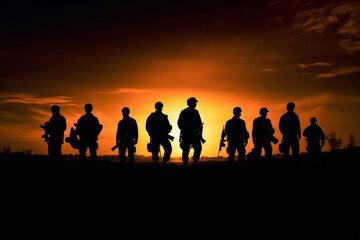 Fototapeta na wymiar Silhouette of a group of soldiers walking on the battlefield. brothers in arms. Generative AI